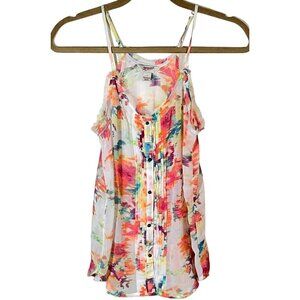 Arizona Jeans sleeveless shirt sheer adjustable straps pleats button small READ